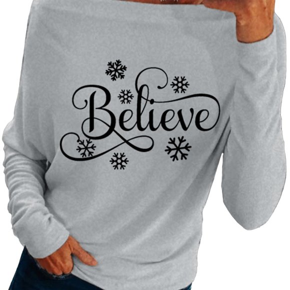 BRAND NEW Christmas BELIEVE Off Shoulder Holiday Shirt - Picture 3 of 4
